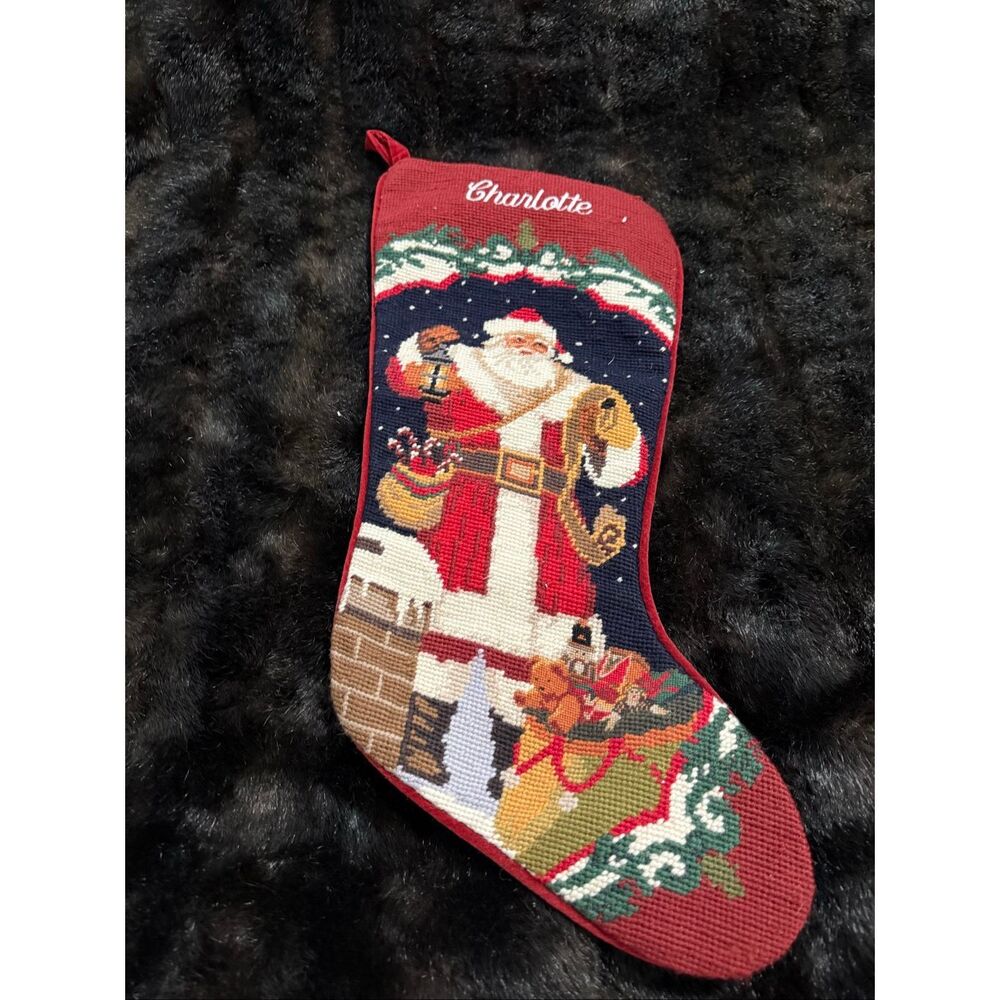 Sferra Needlepoint Christmas Stocking ROOFTOP SANTA Wool Toy Bag